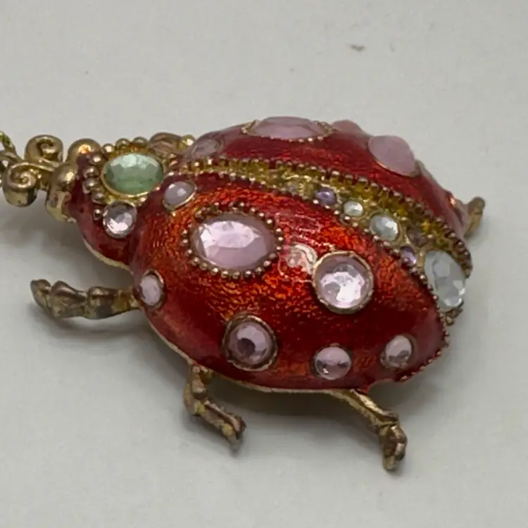 #12 Pink Rhinestone Red Enamel Lady Bug Ornament 2”