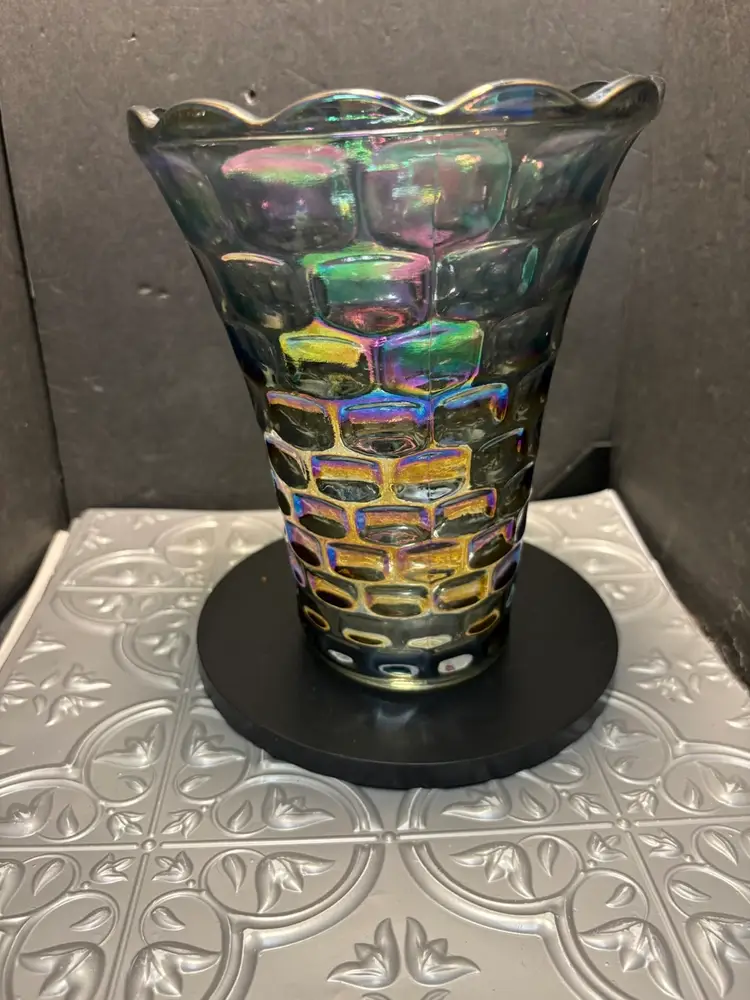 Vintage Federal  Glass  Co. Yorktown Carnival  Thumbprint Smokey vase.
