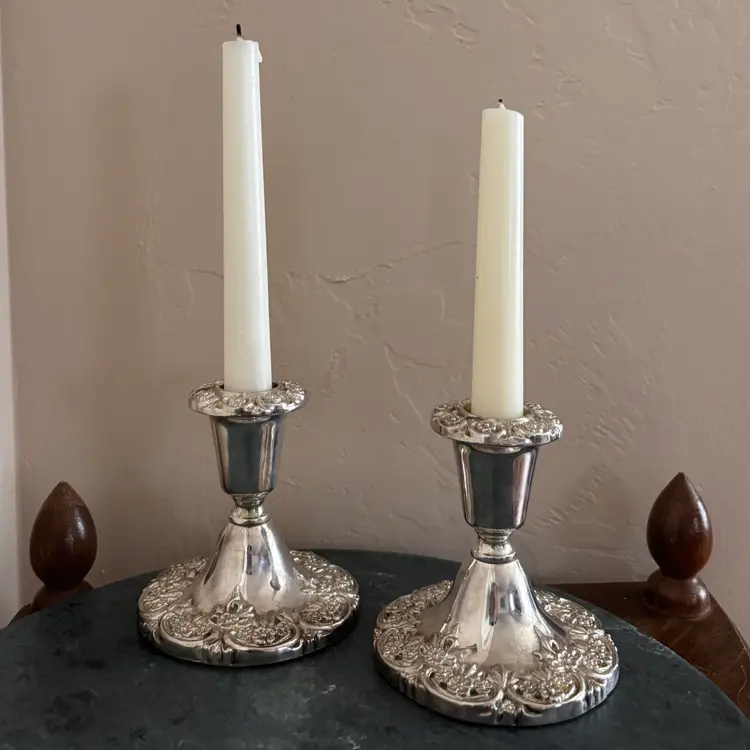 Vintage International Silver Company Silver Plated Ornate Floral Design Candlesticks