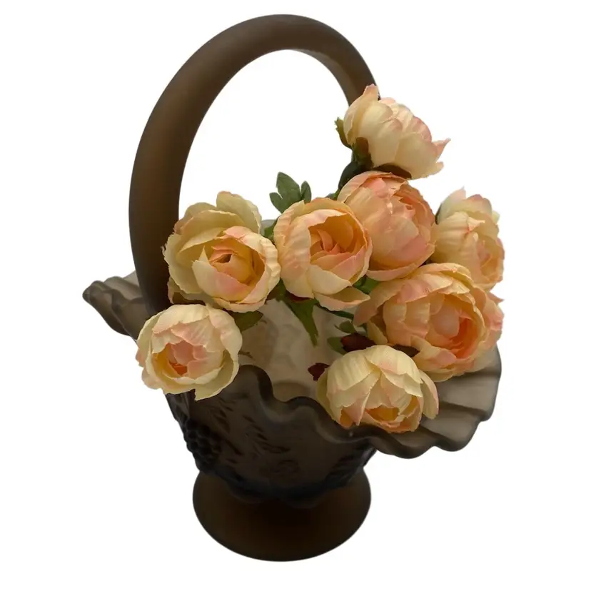 Vintage Westmoreland Glass Paneled Grape 8" Basket, Brown Mist, Crimped (MINT)