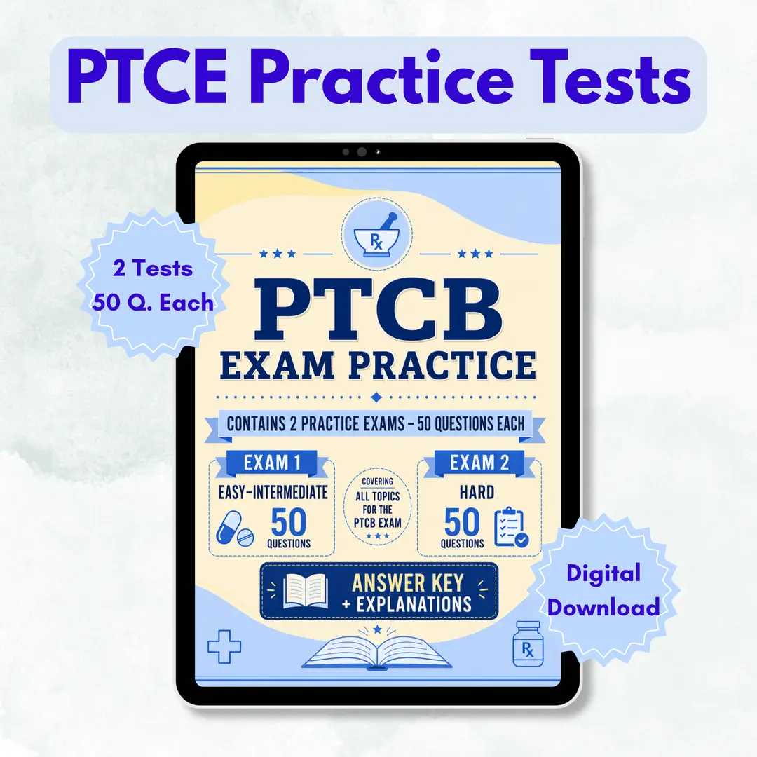 PTCB Practice Exams | 2 Pharmacy Technician Practice Tests | 100 Questions Total | Answer Key & Explanations | Digital Download