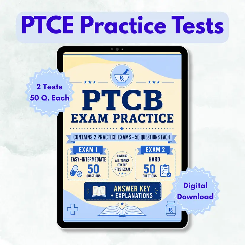 PTCB Practice Exams | 2 Pharmacy Technician Practice Tests | 100 Questions Total | Answer Key & Explanations | Digital Download