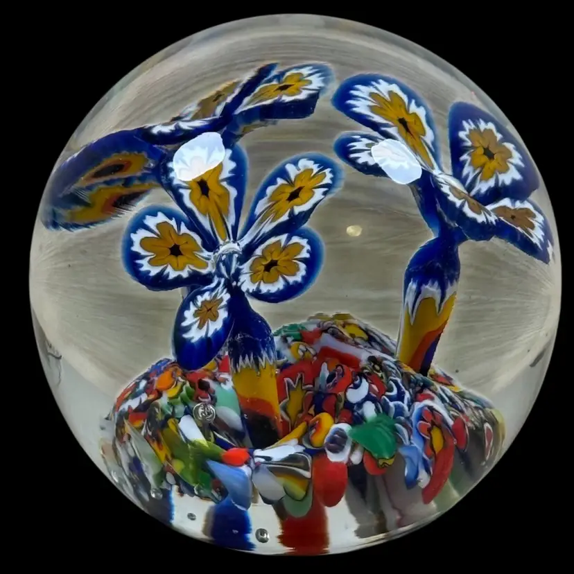 Gentile Glass Large Tricolor Flower Burst Paperweight with Millefiori Mash Up