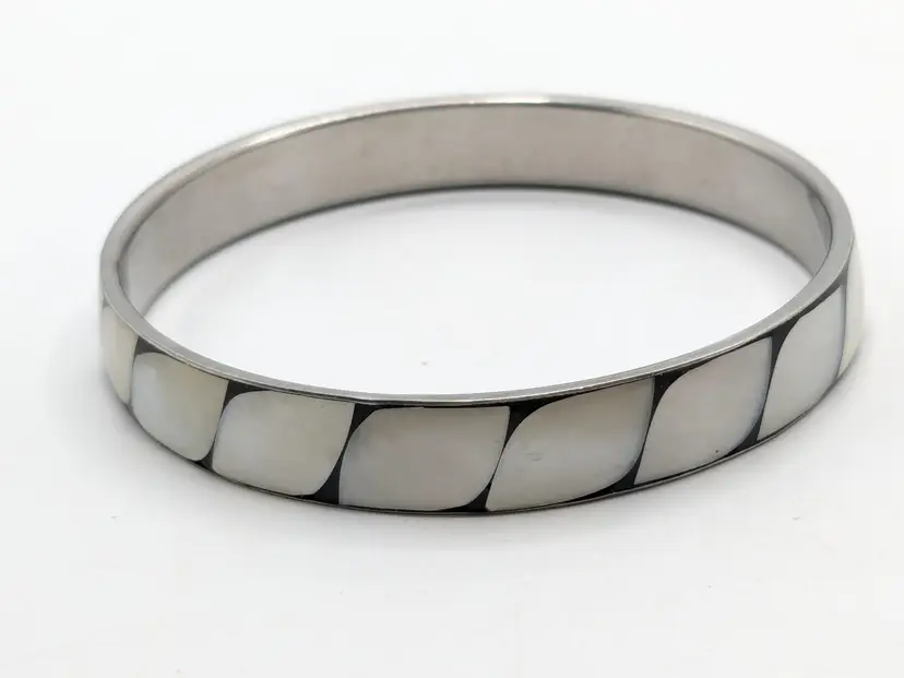Mother of Pearl Inlay Silver Tone Bangle Bracelet