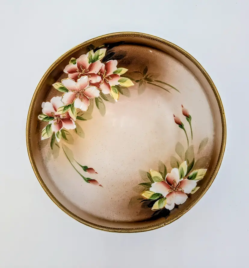 Antique Nippon Hand Painted Floral Dish 6.25" Gold Trim Maple Leaf Mark