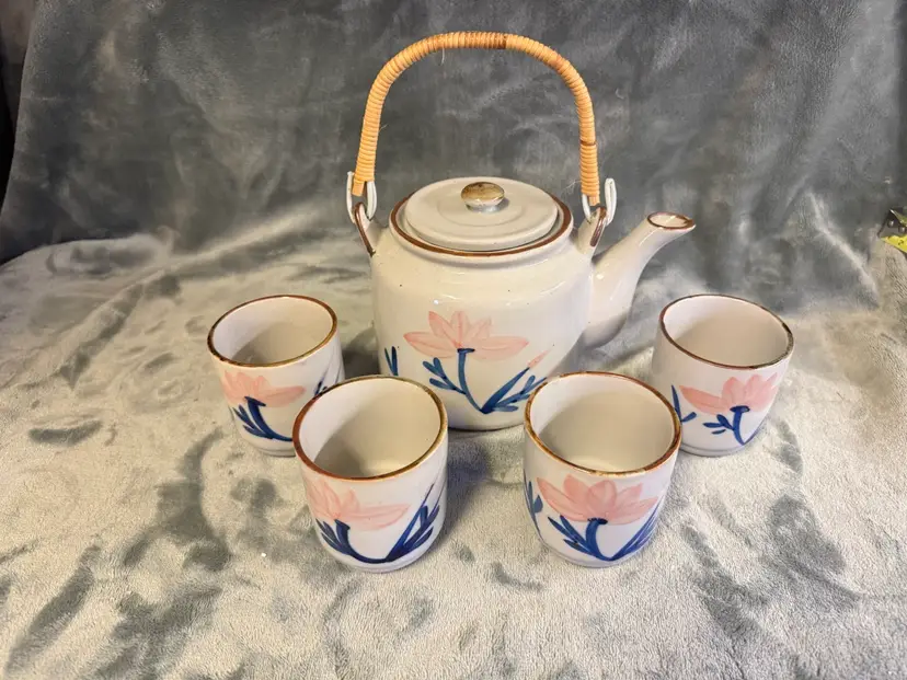 Rare Vintage Gourmet Kitchen Himark Teapot W Lid & 4 Tea Cups Tea Set Pink Lotus