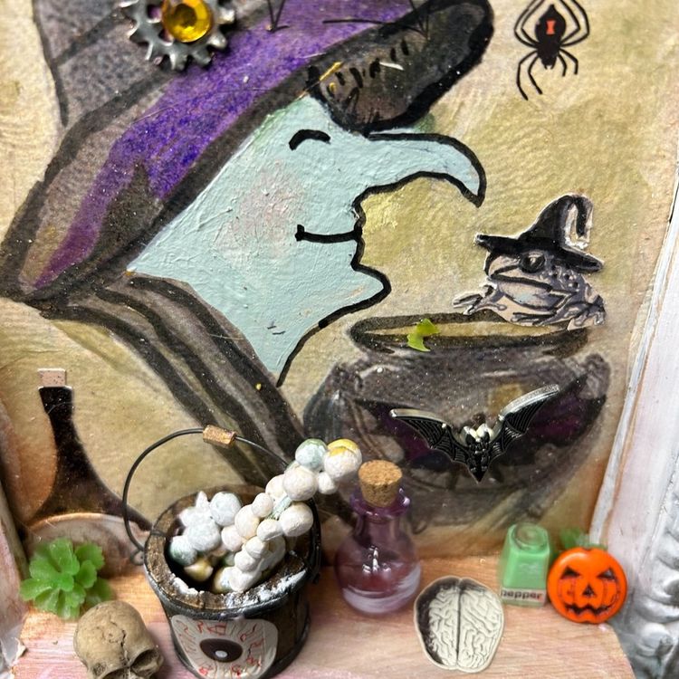 Halloween Ornate Frame Decoupaged Witch With Miniature Witch's Brew Potion Items