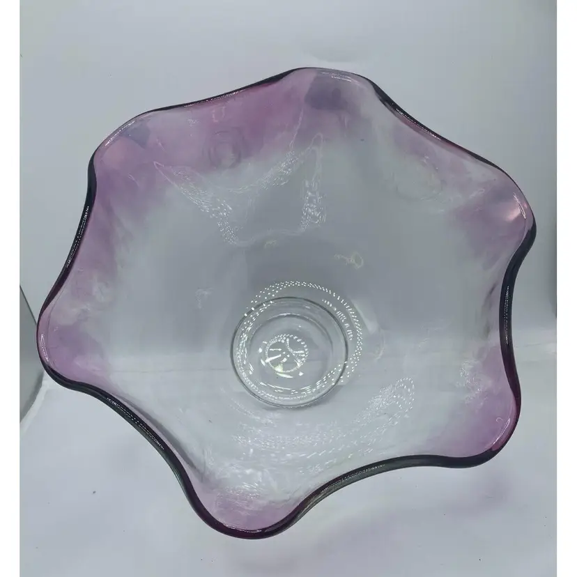 Vintage MCM Pink Iridescent Scalloped Edge Art Glass Footed Serving Bowl