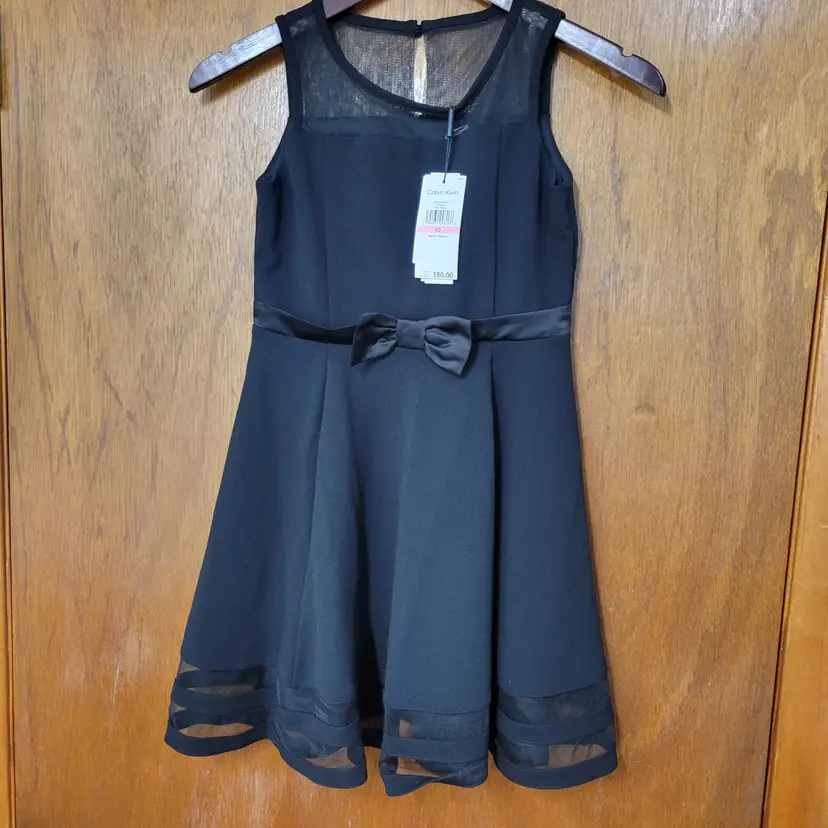 Calvin Klein Girls Black Mesh Illusion Dress Bow Waist Party Formal Size 10 NWT