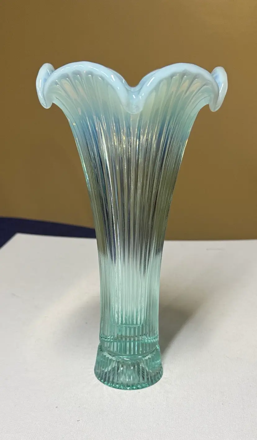 FENTON ~ SHEFFIELD ~ AQUAMARINE BLUE OPALESCENT ~ ART GLASS VASE - 9 1/4 tall