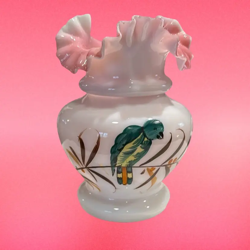 Bristol Glass Antique White/Pink Cased Handpainted Parrot Vase With Ruffled Crimped Top - 5.25”