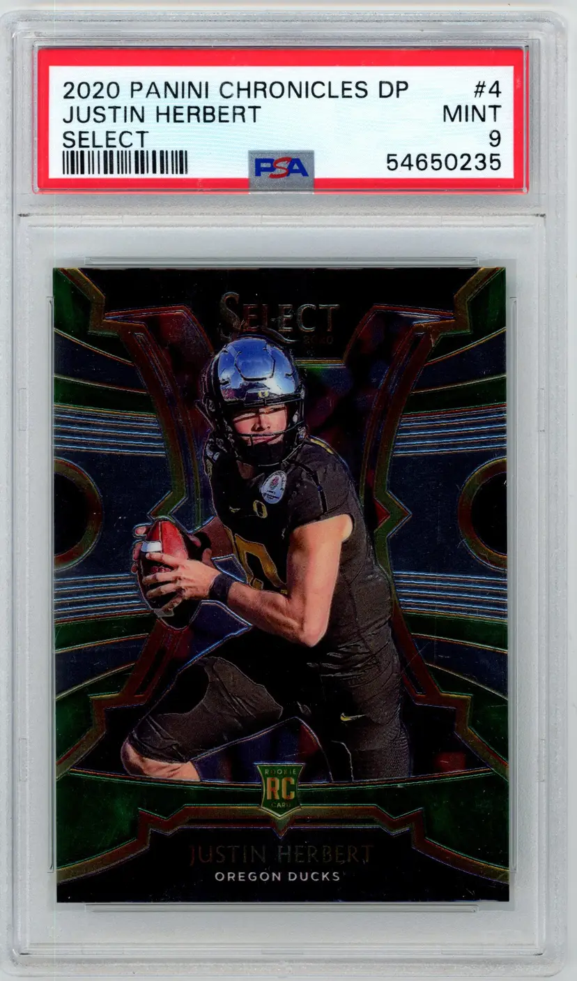 2020 Panini Chronicles Draft Picks JUSTIN HERBERT RC Rookie Select #4 CHARGERS PSA 9 MINT