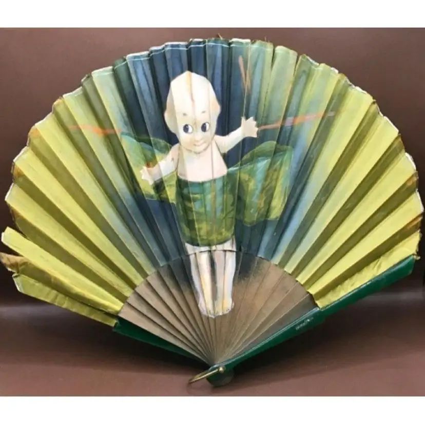 Rare Antique Japanese Silk Hand Fan - Hand Painted with a Kewpie Doll