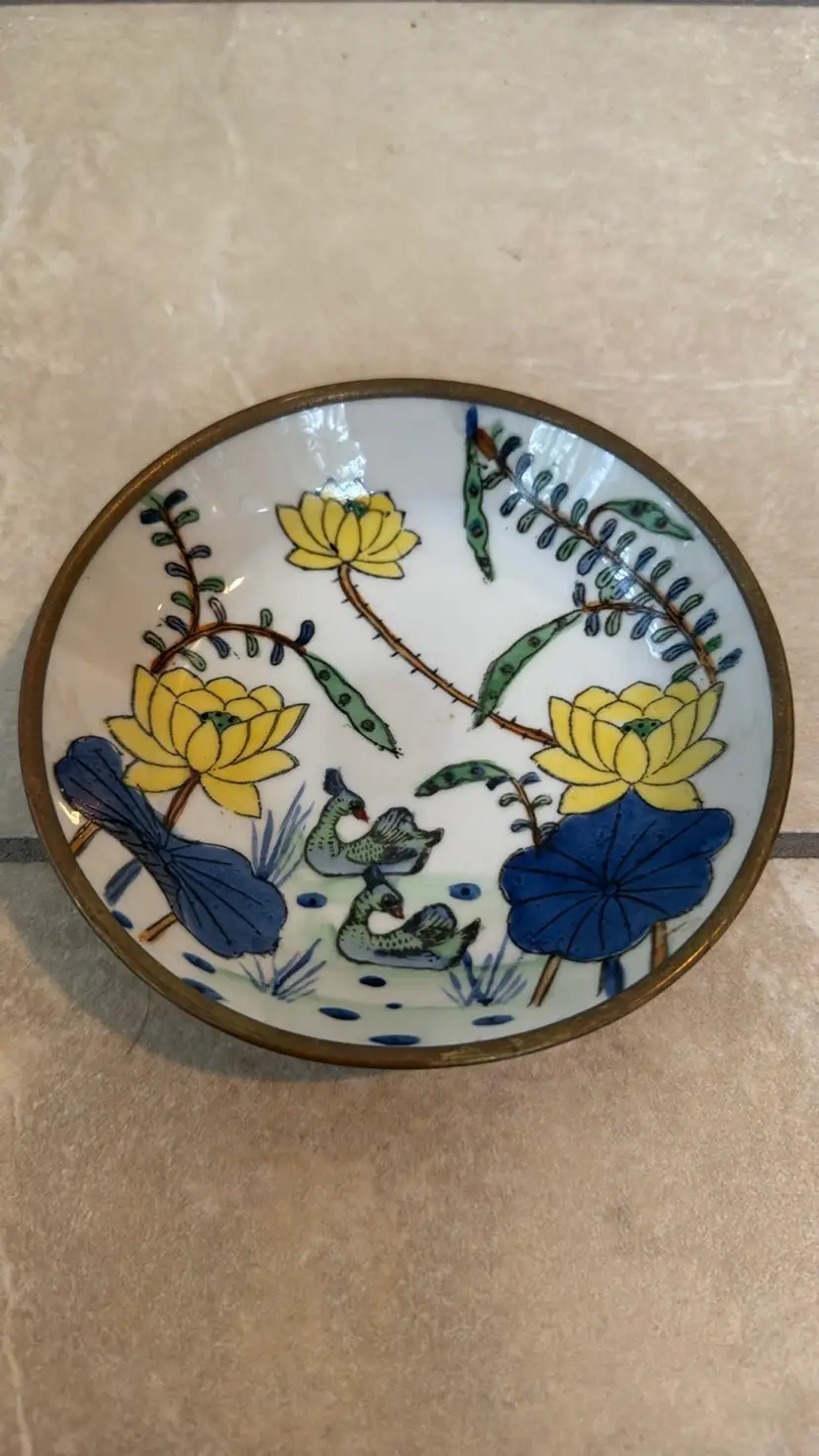 Porcelain on brass trinket dish flowers and birds made in China 5” diameter