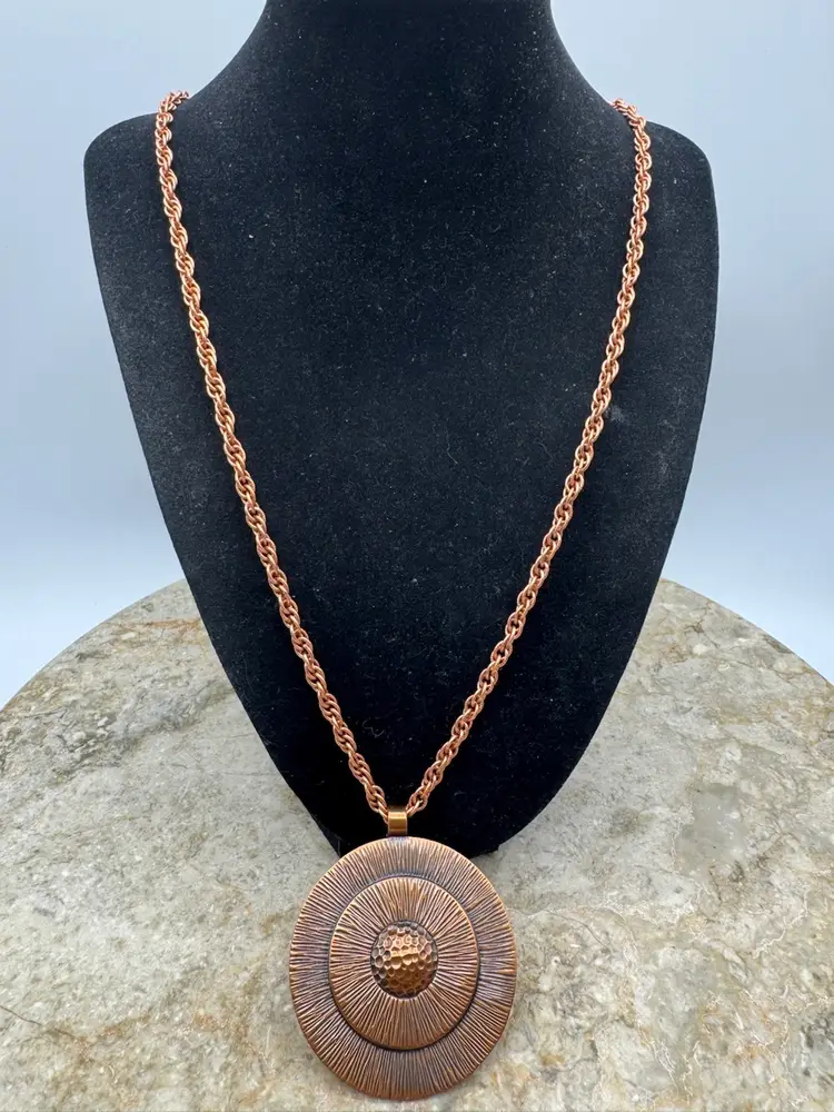 Vintage Hand Made Copper Pendant Necklace Bell Trading Post Hand Signed