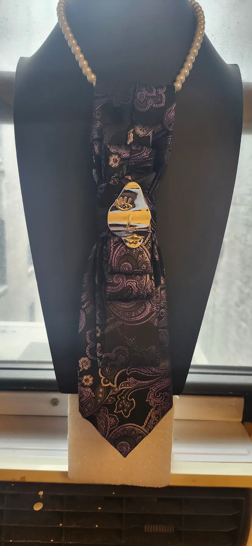 Upcycled Vintage Purple Paisley Tie with Pearl Accent with Brooch and Faux Pearl Necklace