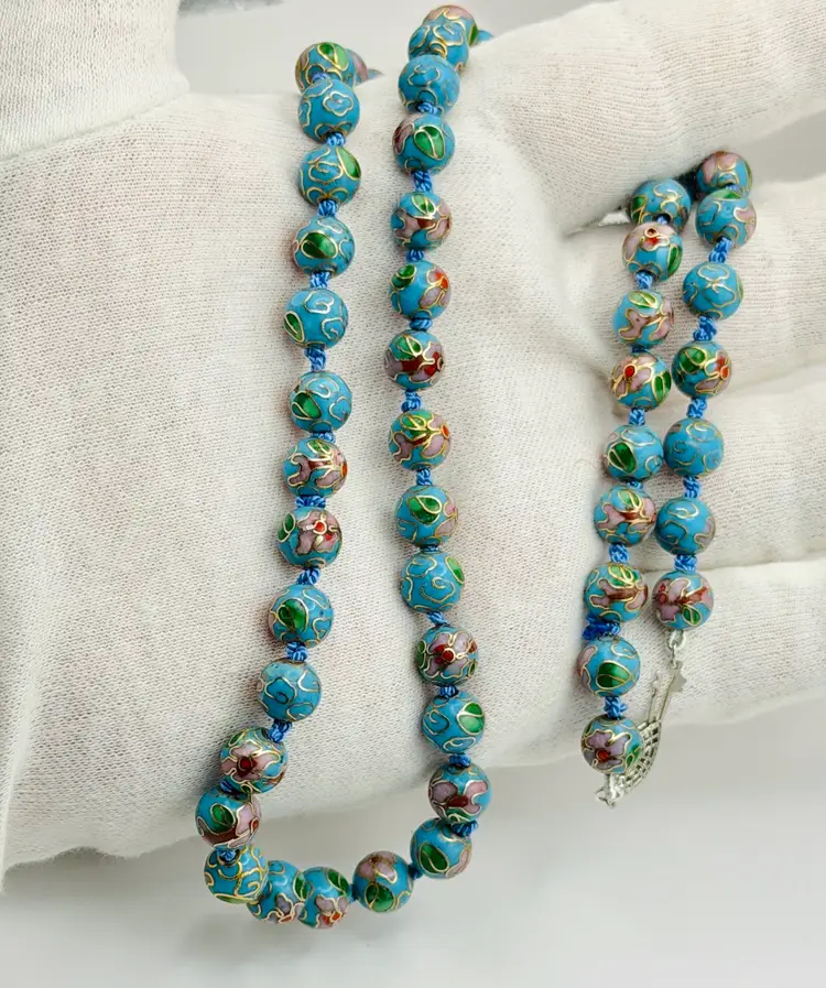 Hand knotted Cloisonné VTG Necklace 23” Turquoise & Pink 925 Clasp