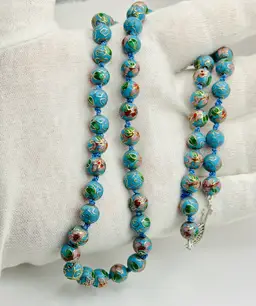 Hand knotted Cloisonné VTG Necklace 23” Turquoise & Pink 925 Clasp