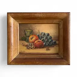 Signed H Meyer Oil Painting Mini In Wood Frame - Still Life With Grapes