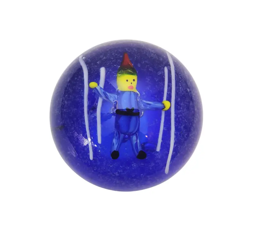 Handblown Art Glass Figural Man Paperweight Cobalt Scarecrow Skiing Puppet Vtg