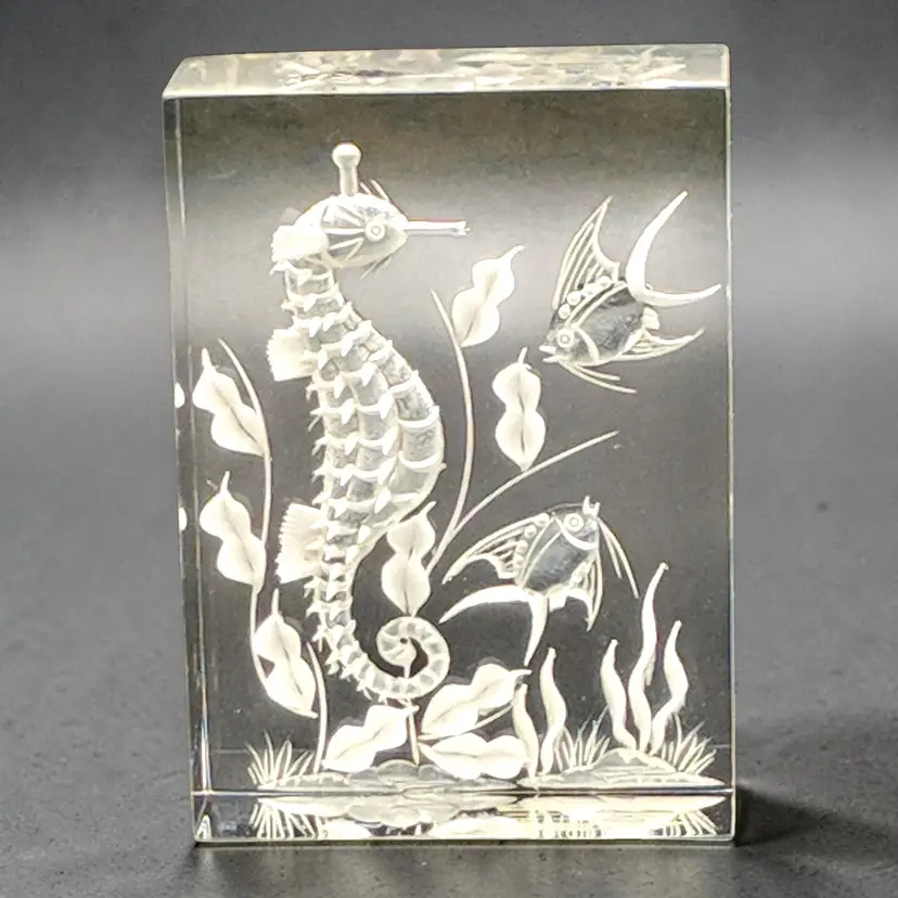 Vintage Reverse Carved Seahorse Fish Seaweed Ocean Reef Acrylic Paperweight Gift
