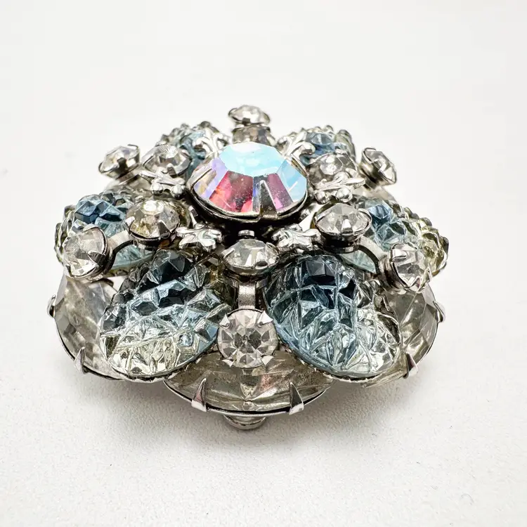 Vintage Brooch AB Rivet Icy Blue Silver Tone Unsigned 1.5"D