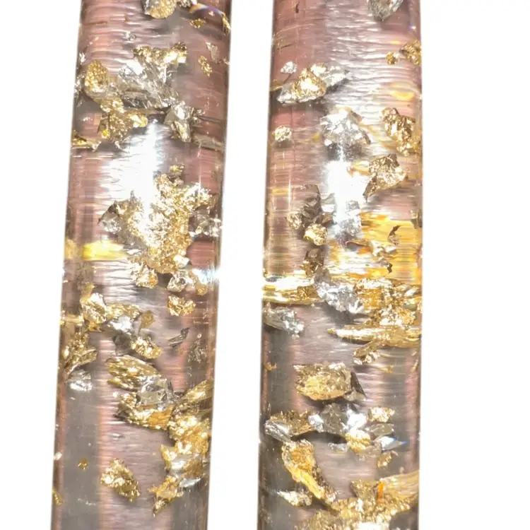 8” Lucite Candle Pair Gold & Silver Flecked