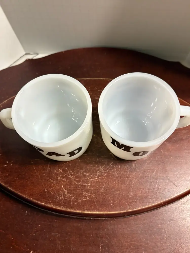 1970s Mom And Dad Milk Glass Coffee Mugs