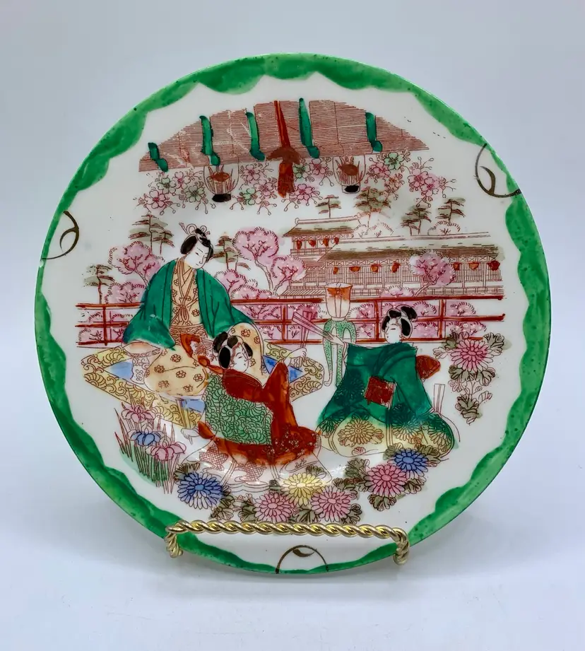 Japanese Handpainted Porcelain Kutani Plate Geisha Women Garden 6” Green Vintage