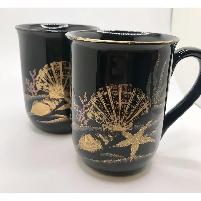 Vintage Otagiri Japan Coffee Tea Mug Starfish Seashells PAIR Black & Gold