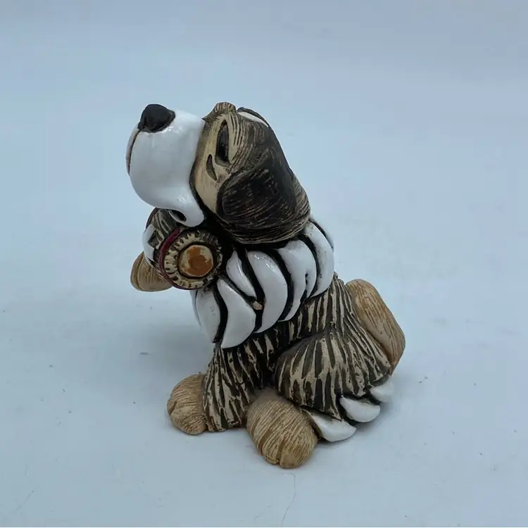 #0706 Hand Carved Uruguay Pottery AR Style St Bernard Dog With First Aid Barrel 4” x 3”
