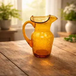 Vintage Amber Crackle Glass Pitcher - Small. Hand Blown Glass Creamer - Mid Century Art Glass