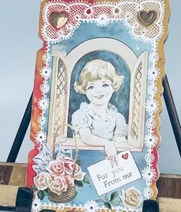 Antique Valentine Card 1910s Die Cut Lace Child at Window For You From Me Romantic Poem