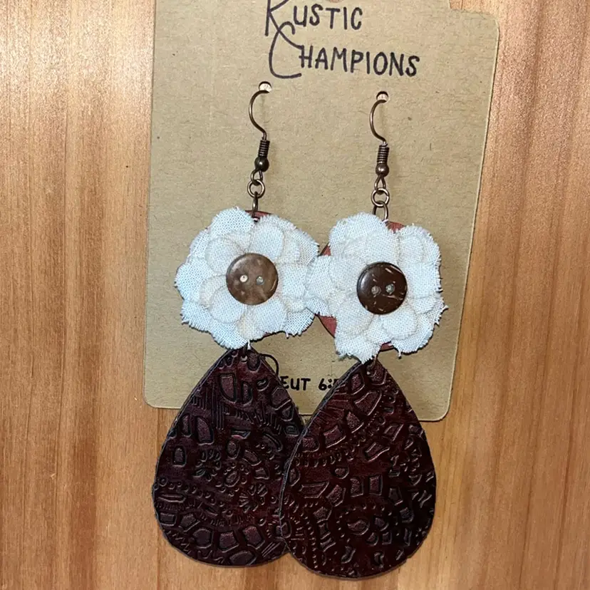 Faux Leather And Wood Earrings With Button Centered Flowers