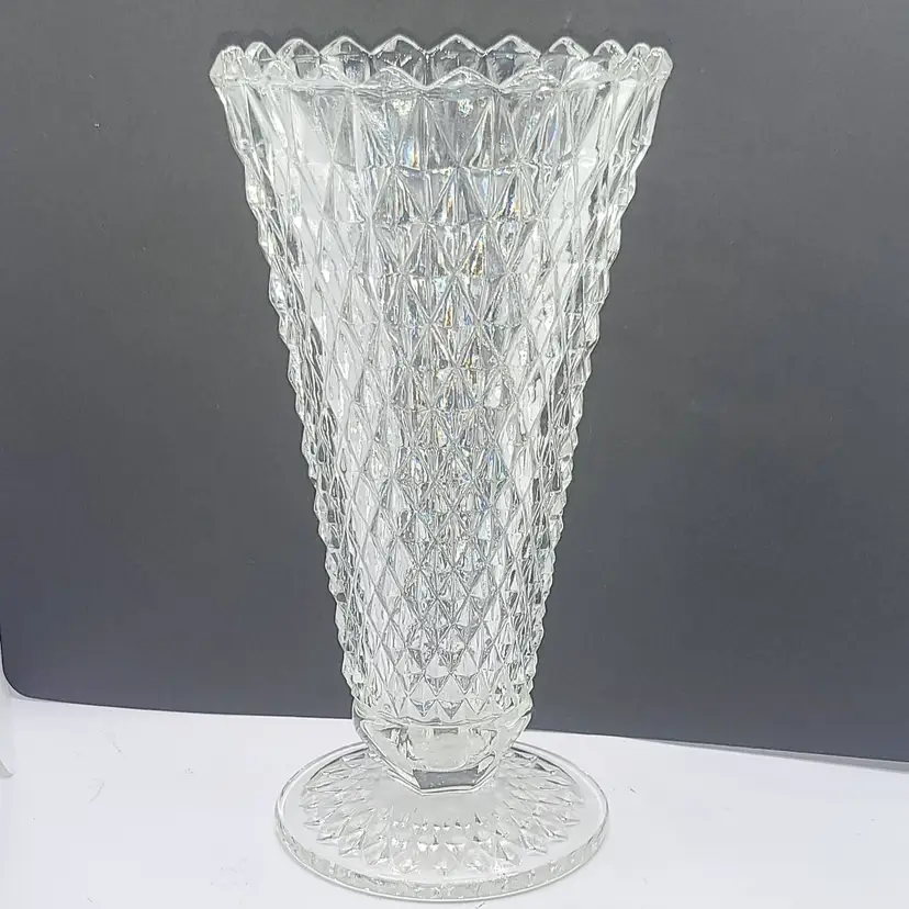 Vintage Indiana Glass Diamond Pattern Clear Glass Vase 8"