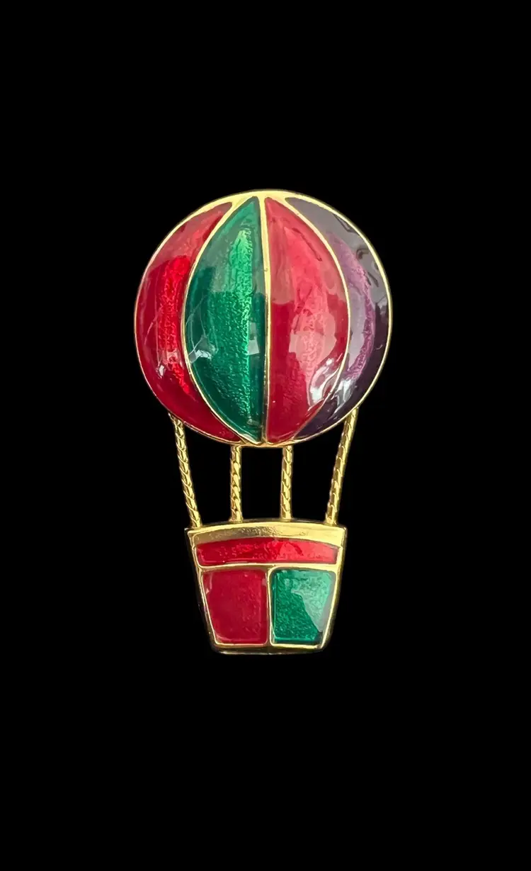 Vintage Goldtone Hot Air Balloon Red Green Purple Enamel  #C-5