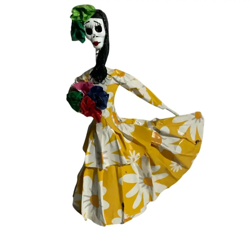 9876 Mexican Folk Art Catrina Wearing Traditional Pink Rose Floral Dress Ceramic Face Metal Appendages Fabric, Paper And Paper Mache Outfit 9” Tall And 5.5” Diameter