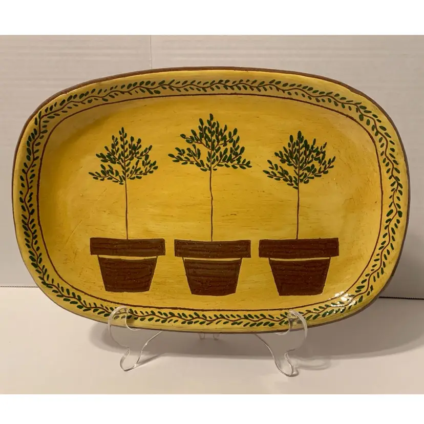LARGE HTF Pam Armbrust Pottery Redware Folk Art 13” Platter - 3 Potted Trees