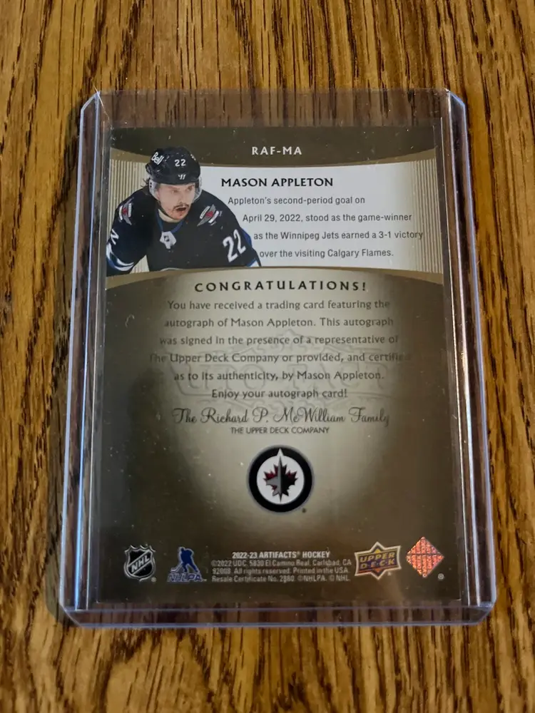 2022-23 UD Artifacts Mason Appleton Auto Jets