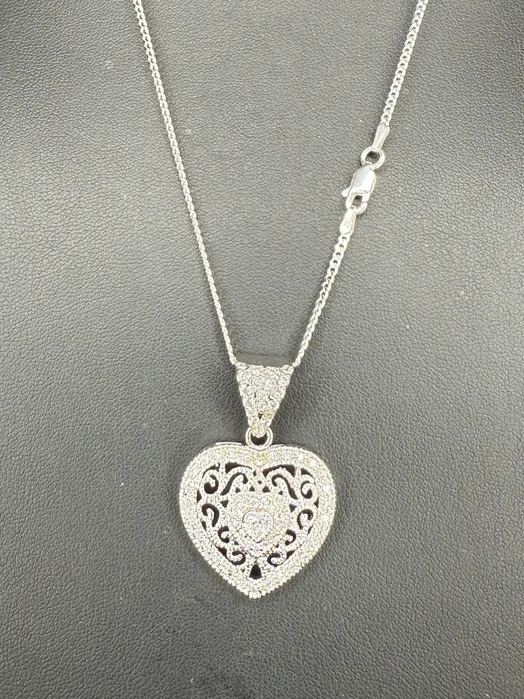 Large Sterling Silver Filagree CZ Heart Pendant & 18" Chain (New)