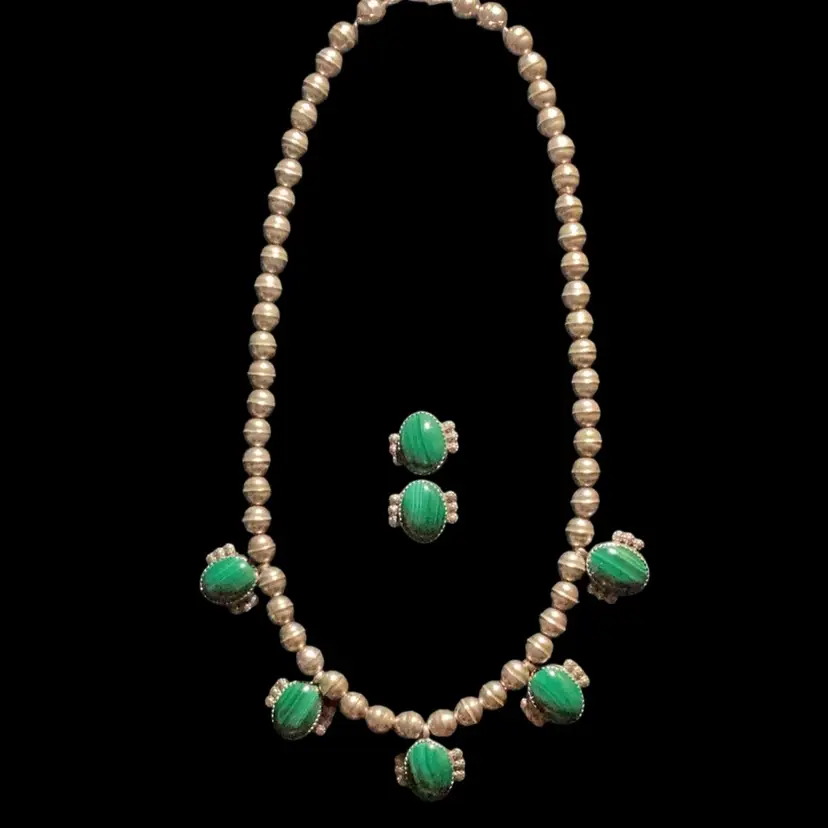 Vintage Native American Navajo Malachite Sterling Silver Set