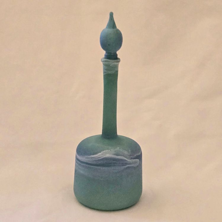 Art Glass Bottle Lidded Handmade Turquoise with Decorative Swirl 5" Tall Unbranded