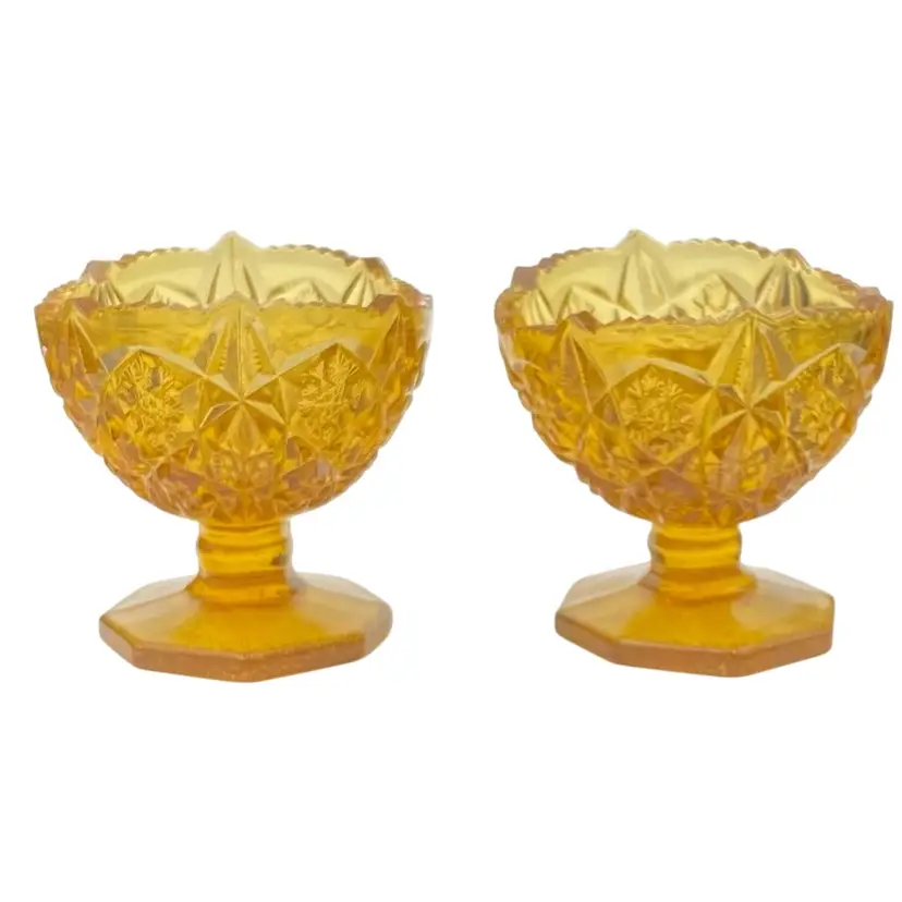 Pair of Vintage Kemple Wheaton Amber Glass Candle Holders, Toltec Pattern, 1970s