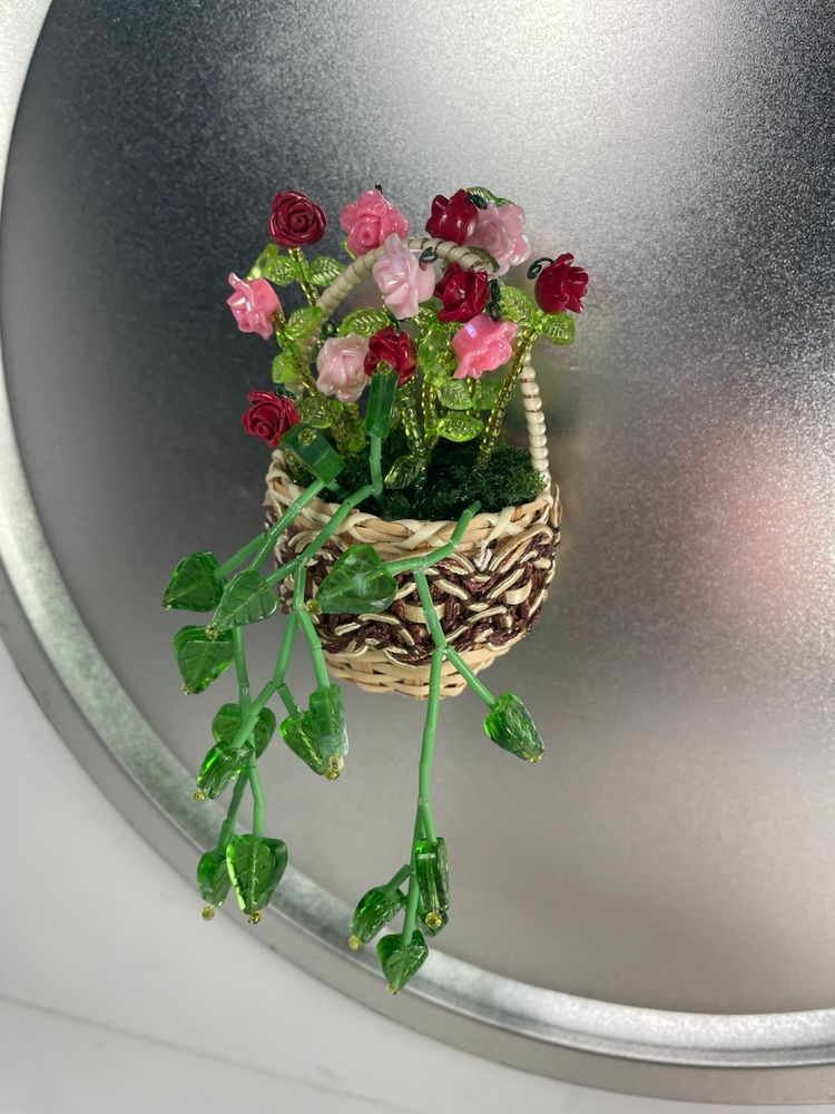 Mini Basket Magnet Beaded Roses Assembled Made By Me