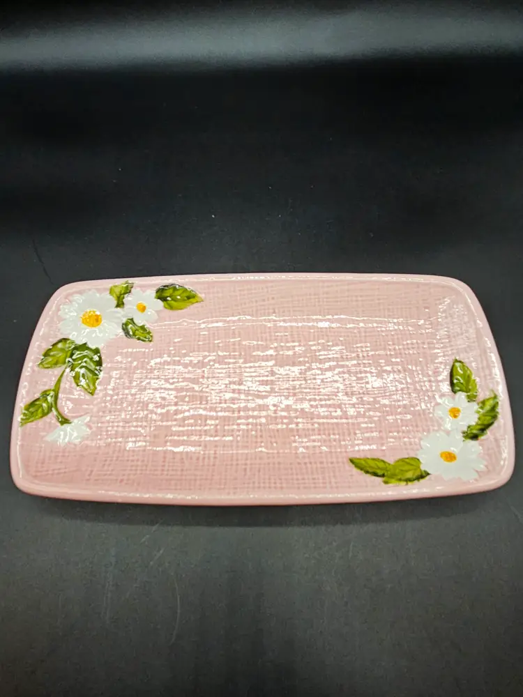 Shabby Chic I W Rice & Co Inc Pink Woven Daisies Vanity Trinket Tray Porcelain