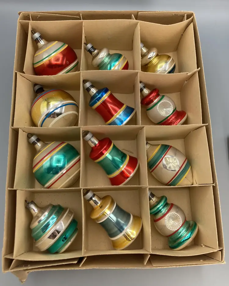 12 Vintage Glass Premier Geometric Multicolored Ornaments - ~ 3"