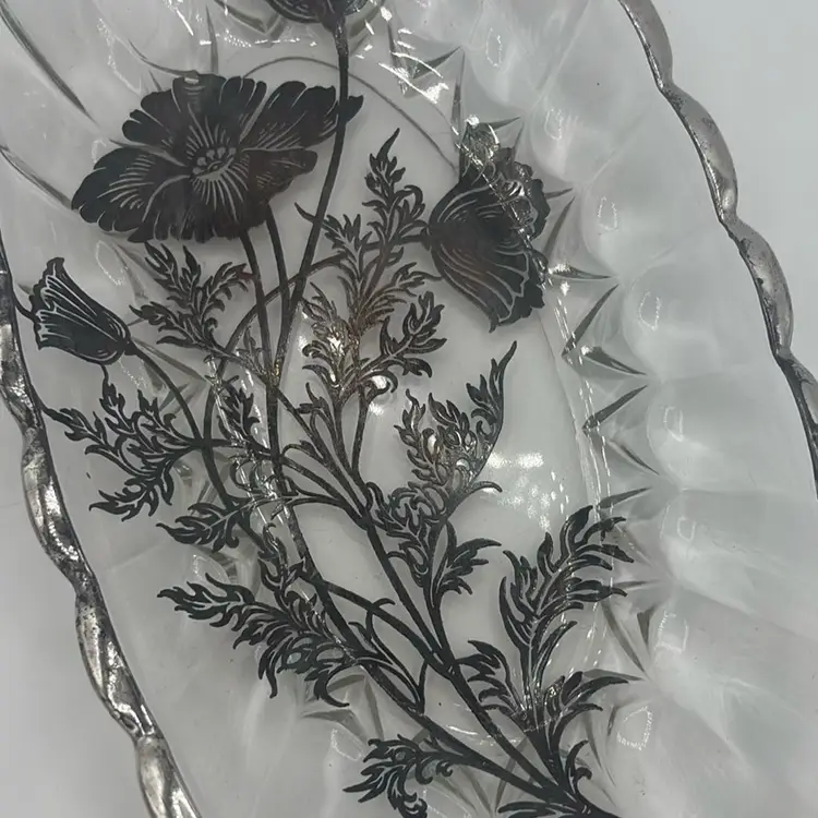 vintage Silver City Glass Co. Flanders poppy sterling silver overlay oval relish dish