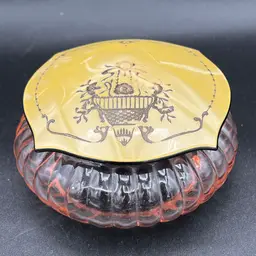 Art Deco Powder Jar-Rounded Pink Glass Vanity Jar Bakelite Lid 4.5” x 2.25”