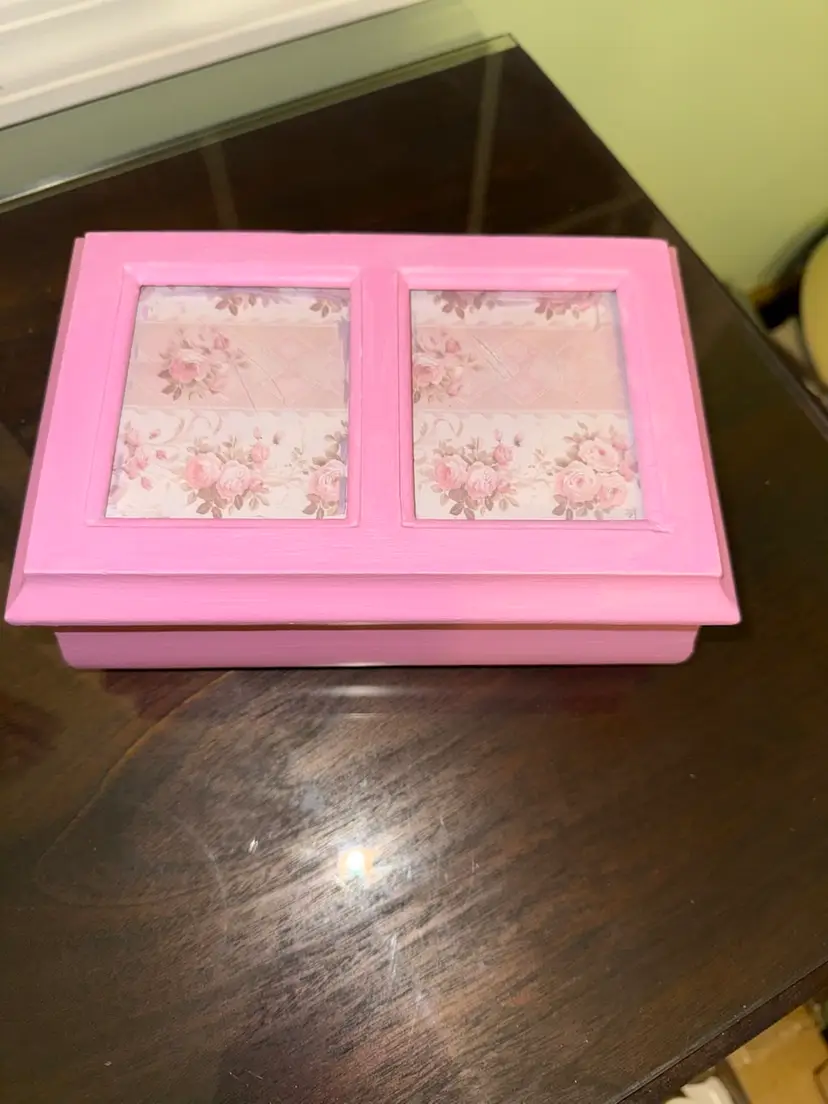 Pink Wooden floral Photo jewelry Box; Loveshack fancy/shabby chic/french