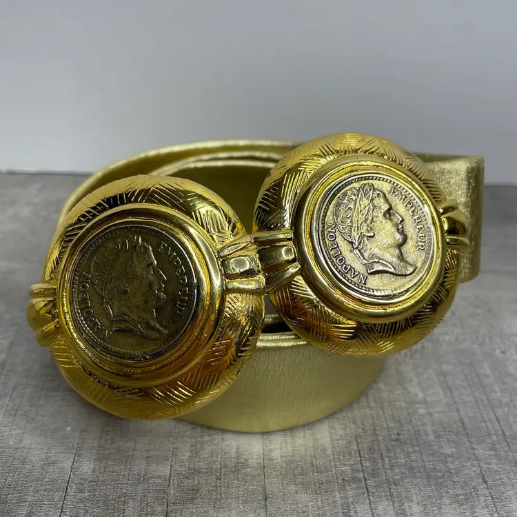 Vintage DOTTY SMITH Gold tone Double Napoleon Coin Adjustable Belt 1.25 36 in